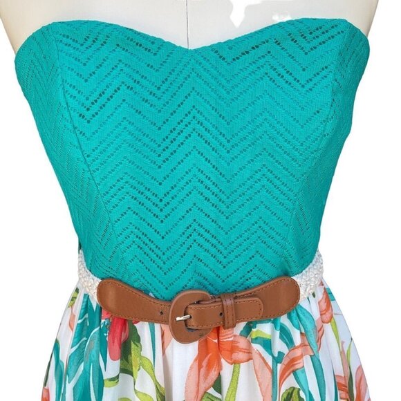 CITY TRIANGLES Strapless Fit & Flare Dress Size 9 Turquoise Floral Belted Mini‎ - Picture 4 of 15